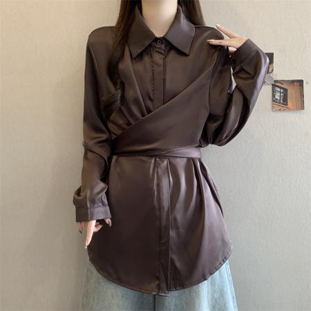 美拉德醋酸缎面长袖衬衫女早春大码胖mm高级感中长款收腰上衣 服裝批發女裝批發服飾貨源