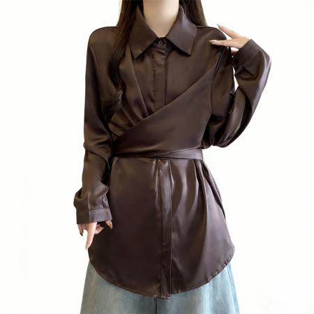 美拉德醋酸缎面长袖衬衫女早春大码胖mm高级感中长款收腰上衣 服裝批發女裝批發服飾貨源