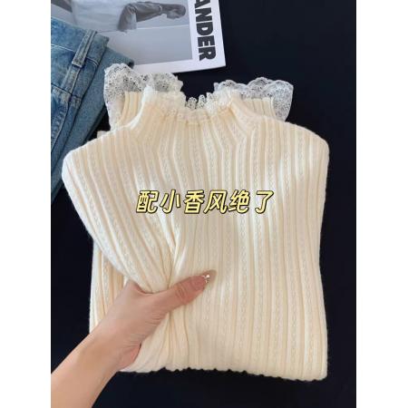 FA56094# 巨好看的蕾丝半高领皮草内搭毛衣女秋冬肌理感修身针织打底衫上衣 服裝批發女裝批發服飾貨源