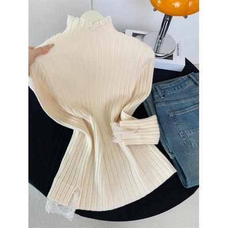 巨好看的蕾丝半高领皮草内搭毛衣女秋冬肌理感修身针织打底衫上衣 服裝批發女裝批發服飾貨源