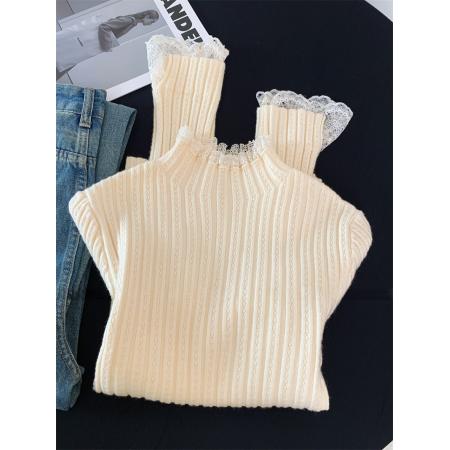 巨好看的蕾丝半高领皮草内搭毛衣女秋冬肌理感修身针织打底衫上衣 服裝批發女裝批發服飾貨源