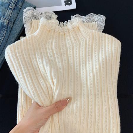 巨好看的蕾丝半高领皮草内搭毛衣女秋冬肌理感修身针织打底衫上衣 服裝批發女裝批發服飾貨源