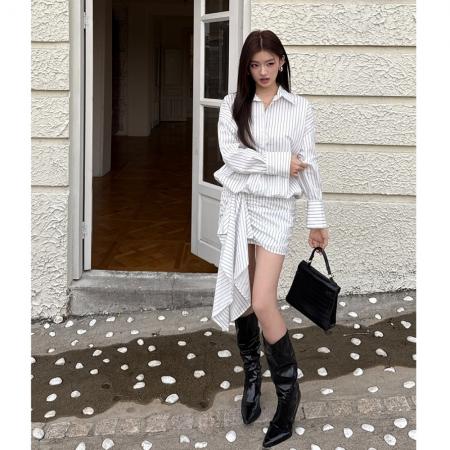 FA56097# 春夏新款条纹衬衫连衣裙女气质休闲时髦设计衬衣包臀裙子 服裝批發女裝批發服飾貨源