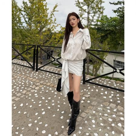 春夏新款条纹衬衫连衣裙女气质休闲时髦设计衬衣包臀裙子 服裝批發女裝批發服飾貨源