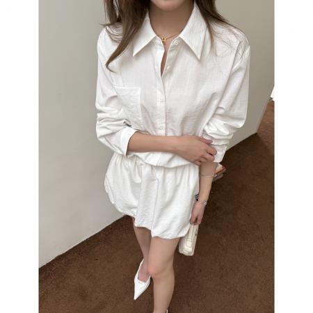 春装新款山茶白茉莉极简衬衫连衣裙女休闲气质花苞裙短裙 服裝批發女裝批發服飾貨源