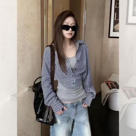 FA56099# 韩系灰色假两件拼接衬衫女巨好看的早秋独特漂亮短款衬衣上衣 服裝批發女裝批發服飾貨源