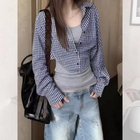 FA56099# 韩系灰色假两件拼接衬衫女巨好看的早秋独特漂亮短款衬衣上衣 服裝批發女裝批發服飾貨源