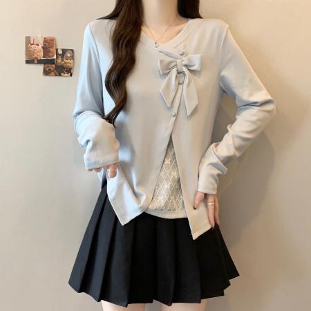 FA56100# 新款春款大码胖MM设计感假两件拼接蕾丝花边上衣百搭小衫 服裝批發女裝批發服飾貨源