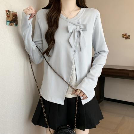 FA56100# 新款春款大码胖MM设计感假两件拼接蕾丝花边上衣百搭小衫 服裝批發女裝批發服飾貨源