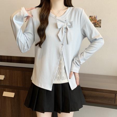 FA56100# 新款春款大码胖MM设计感假两件拼接蕾丝花边上衣百搭小衫 服裝批發女裝批發服飾貨源