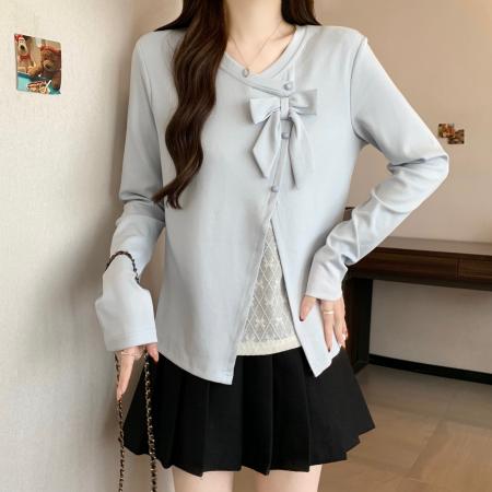 FA56100# 新款春款大码胖MM设计感假两件拼接蕾丝花边上衣百搭小衫 服裝批發女裝批發服飾貨源