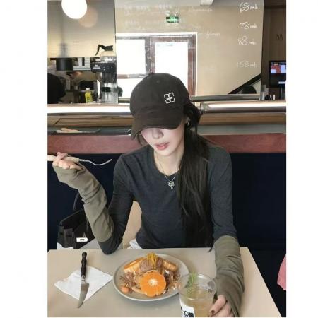 FA56105# 春季新款撞色拼接长袖T恤女韩版气质时尚百搭打底衫女士上衣 服裝批發女裝批發服飾貨源