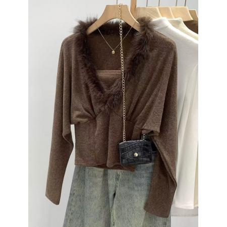 FA56107# 小个子假两件设计感毛毛V领短款打底衫女春新款内搭纯色上衣 服裝批發女裝批發服飾貨源