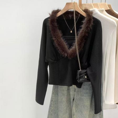 FA56107# 小个子假两件设计感毛毛V领短款打底衫女春新款内搭纯色上衣 服裝批發女裝批發服飾貨源