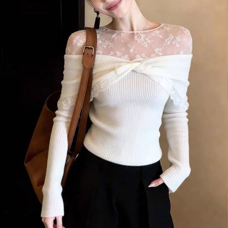FA56109# 法式性感纯欲风白色上衣女温柔风修身显瘦蕾丝拼接上衣百搭春 服裝批發女裝批發服飾貨源