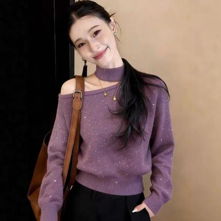 FA56112# 细闪亮片斜肩挂脖长袖针织衫女超火减龄新款早春内搭慵懒上衣 服裝批發女裝批發服飾貨源