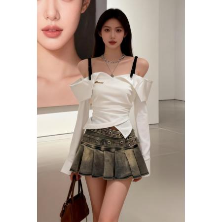 FA56120# 韩版一字肩可调节肩带设计感长袖衬衫女春季新款时尚别致露肩上衣 服裝批發女裝批發服飾貨源