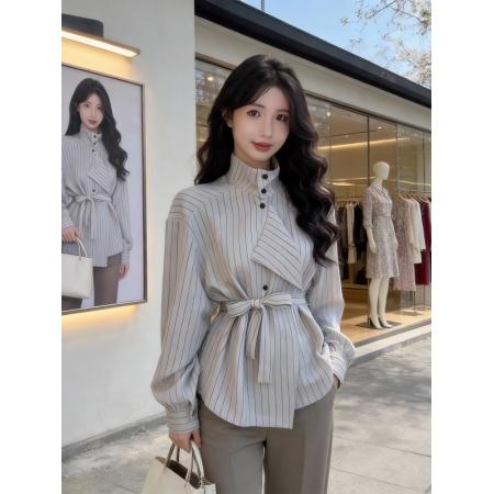 FA56126# 条纹衬衫女设计感小众春季新款收腰绑带chic别致立领上衣衬衣 服裝批發女裝批發服飾貨源
