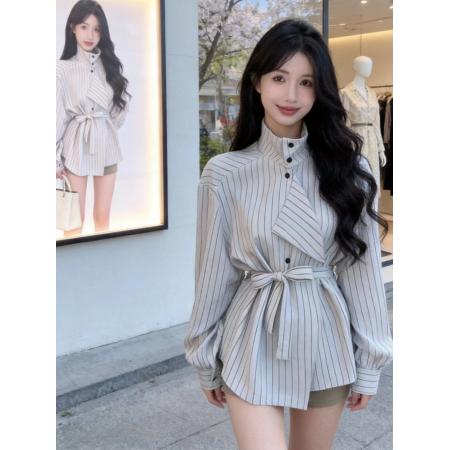 FA56126# 条纹衬衫女设计感小众春季新款收腰绑带chic别致立领上衣衬衣 服裝批發女裝批發服飾貨源