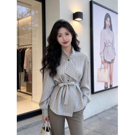 FA56126# 条纹衬衫女设计感小众春季新款收腰绑带chic别致立领上衣衬衣 服裝批發女裝批發服飾貨源