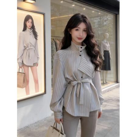 FA56126# 条纹衬衫女设计感小众春季新款收腰绑带chic别致立领上衣衬衣 服裝批發女裝批發服飾貨源