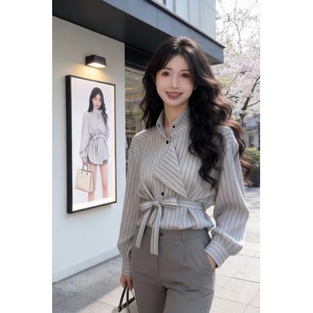 FA56126# 条纹衬衫女设计感小众春季新款收腰绑带chic别致立领上衣衬衣 服裝批發女裝批發服飾貨源