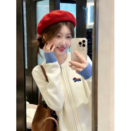 FA56129# 小马刺绣撞色开衫毛衣女新款慵懒风减龄双拉链针织衫外套上衣 服裝批發女裝批發服飾貨源