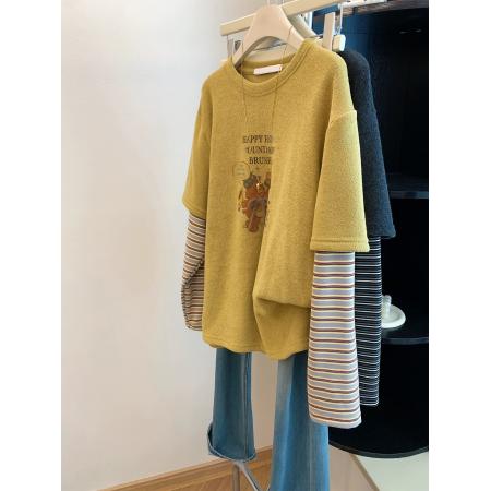 FA56134# 原版德绒特大码300斤磨毛加厚拼接条纹长袖T恤女春夏假两件上衣潮 服裝批發女裝批發服飾貨源