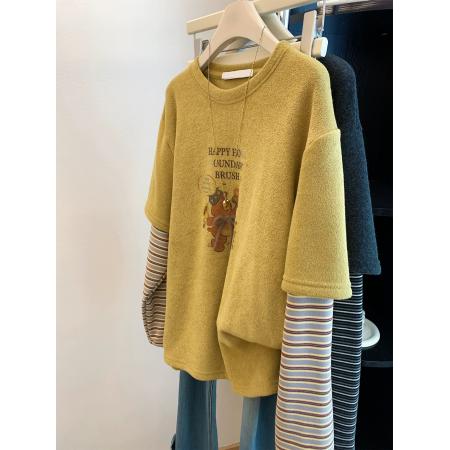 FA56134# 原版德绒特大码300斤磨毛加厚拼接条纹长袖T恤女春夏假两件上衣潮 服裝批發女裝批發服飾貨源