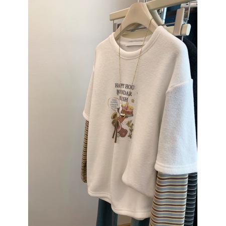 FA56134# 原版德绒特大码300斤磨毛加厚拼接条纹长袖T恤女春夏假两件上衣潮 服裝批發女裝批發服飾貨源