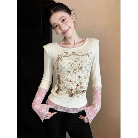 FA56135# 竹节棉假两件蕾丝花边拼接长袖T恤女春季新款别致减龄 服裝批發女裝批發服飾貨源
