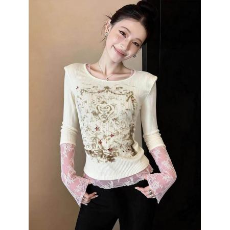 FA56135# 竹节棉假两件蕾丝花边拼接长袖T恤女春季新款别致减龄 服裝批發女裝批發服飾貨源