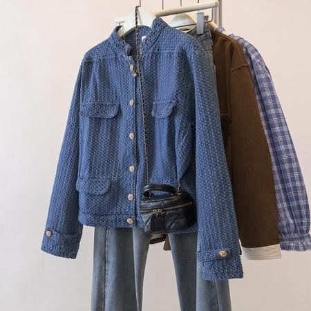 FA56139# 大码春季新款肌理感牛仔小香风外套女蓝色立领夹克上衣 服裝批發女裝批發服飾貨源
