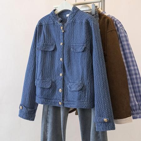 FA56139# 大码春季新款肌理感牛仔小香风外套女蓝色立领夹克上衣 服裝批發女裝批發服飾貨源