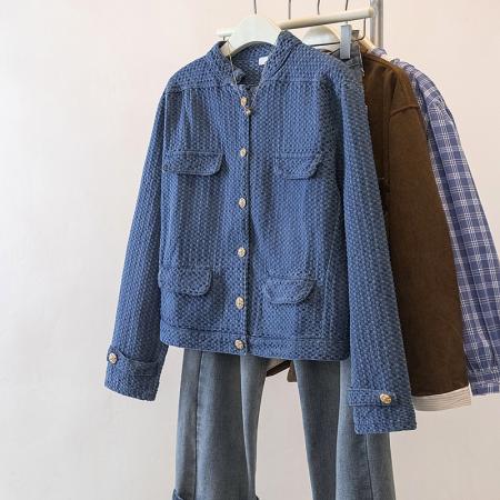 FA56139# 大码春季新款肌理感牛仔小香风外套女蓝色立领夹克上衣 服裝批發女裝批發服飾貨源