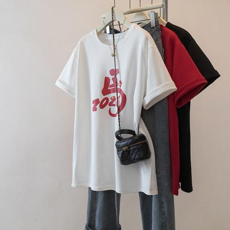 FA56141# 大码马年红色圆领印花本命年正肩短袖T恤女春夏新款 服裝批發女裝批發服飾貨源