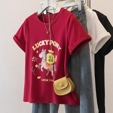 FA56142# 大码马年红色圆领印花本命年正肩短袖T恤女春夏新款 服裝批發女裝批發服飾貨源