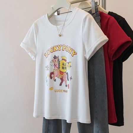 FA56142# 大码马年红色圆领印花本命年正肩短袖T恤女春夏新款 服裝批發女裝批發服飾貨源