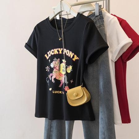 FA56142# 大码马年红色圆领印花本命年正肩短袖T恤女春夏新款 服裝批發女裝批發服飾貨源