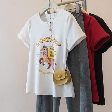 FA56142# 大码马年红色圆领印花本命年正肩短袖T恤女春夏新款 服裝批發女裝批發服飾貨源