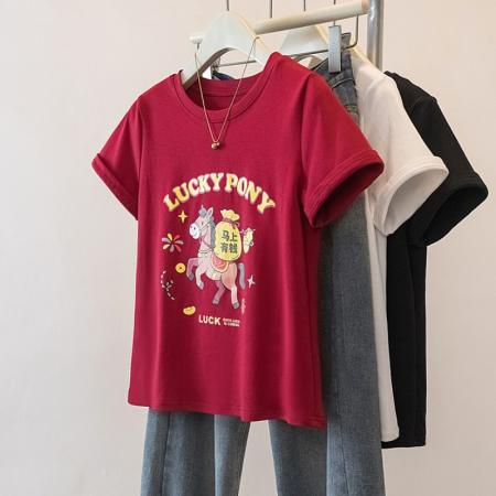 FA56142# 大码马年红色圆领印花本命年正肩短袖T恤女春夏新款 服裝批發女裝批發服飾貨源