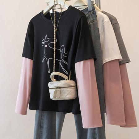 FA56144# 大码假两件T...