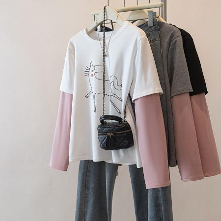 FA56144# 大码假两件T恤女春季新款复古设计感拼接t恤百搭减龄上衣 服裝批發女裝批發服飾貨源