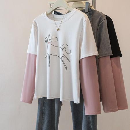 FA56144# 大码假两件T恤女春季新款复古设计感拼接t恤百搭减龄上衣 服裝批發女裝批發服飾貨源