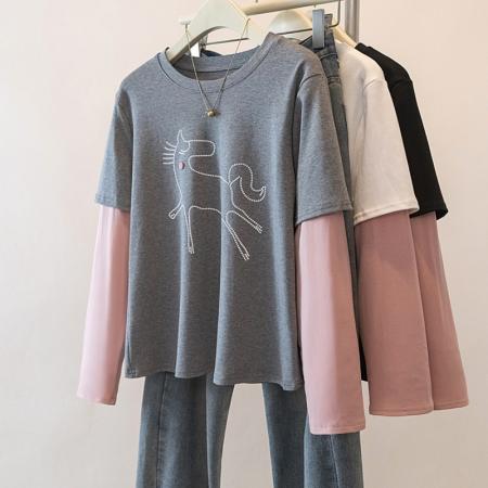 FA56144# 大码假两件T恤女春季新款复古设计感拼接t恤百搭减龄上衣 服裝批發女裝批發服飾貨源