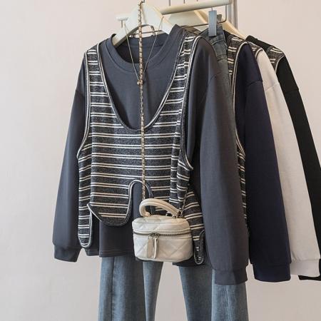 FA56145# 大码不规则条纹马甲拼接T恤女春季新款假两件百搭显瘦上衣 服裝批發女裝批發服飾貨源