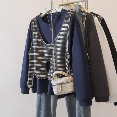 FA56145# 大码不规则条纹马甲拼接T恤女春季新款假两件百搭显瘦上衣 服裝批發女裝批發服飾貨源