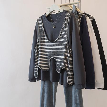 FA56145# 大码不规则条纹马甲拼接T恤女春季新款假两件百搭显瘦上衣 服裝批發女裝批發服飾貨源