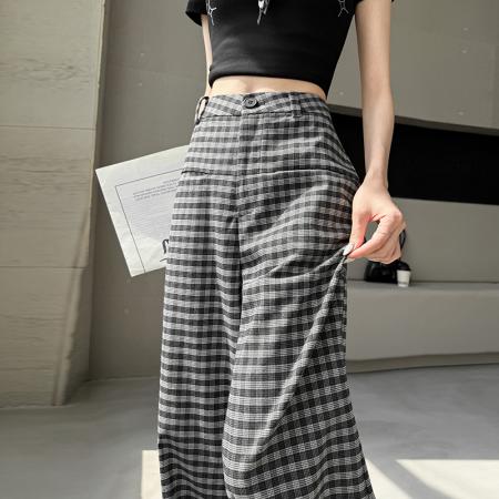 FA56147# 春夏季新款格子阔腿裤高腰垂感韩版显瘦休闲裤直筒裤子女 服裝批發女裝批發服飾貨源