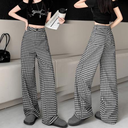 FA56147# 春夏季新款格子阔腿裤高腰垂感韩版显瘦休闲裤直筒裤子女 服裝批發女裝批發服飾貨源